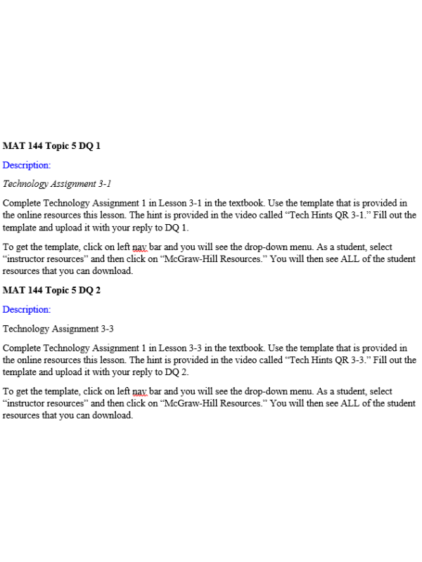 MAT 144 Topic 5 DQ 1, DQ 2